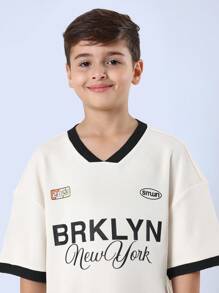 SUMWON Camisa Esportiva Casual Estilo de Rua Juvenil de Brooklyn, Nova York, Pré-adolescente, Camiseta Atlética de Moda Clássica da Equipe de Beisebol - Damasco - Visão 3