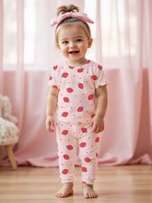 Baby Girls' Strawberry Pattern Snug Fit Casual Minimalist Round Neck Comfy Short Sleeve Pants Homewear, Suitable For Spring & Summer - Multicolor - View 1