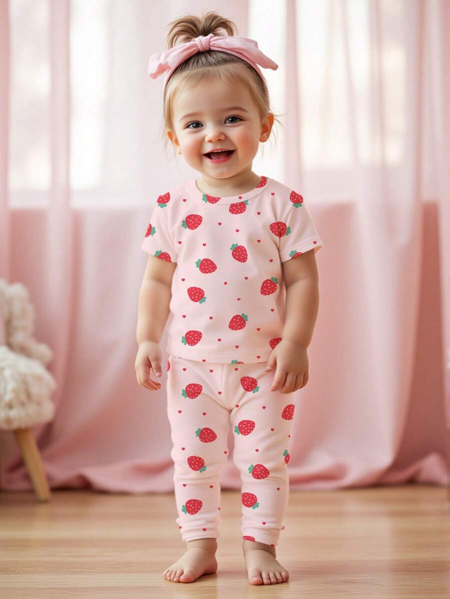 Baby Girls' Strawberry Pattern Snug Fit Casual Minimalist Round Neck Comfy Short Sleeve Pants Homewear, Suitable For Spring & Summer - Multicolor - View 1
