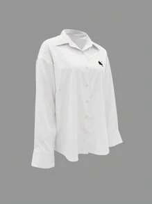 Resyla 女士骑士印花长袖单排扣休闲宽松衬衫 - 白色 - 查看 5