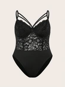 SHEIN SXY Body decorativo de encaje y parches sexy y elegante para mujer talla grande, adecuado para usar a diario, en el trabajo, para ir y venir, elegante, casual, de compras, para salir, fácil de combinar, estilizador, resalta la figura, favorecedora, para primavera/verano