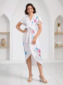 Miaspire Women's Floral Print Ruffle Sleeve Asymmetric Hem Dress, Office/Commuting Outfit, Tea Party Dress - White - View 3