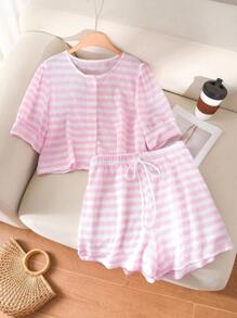 CosyJoli Set casual da 2 pezzi, composto da top a maniche corte a righe e pantaloncini taglie forti, adatto per l'estate - Rosa - Visualizzare 1