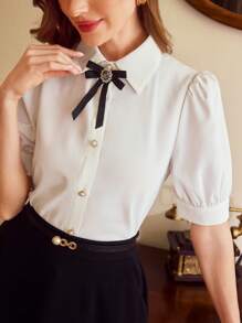 Vintamour 女式复古优雅衬衫配胸针纽扣，夏季白色假期优雅上衣，工作教堂春季乡村音乐会节日上衣