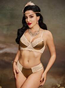 SHEIN 2pcs/Set Lace Panel Wire-Free Sexy Bra & Panty Lingerie Set For Women - Multicolor - View 5