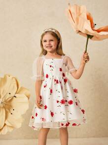 SHEIN Vestido de Malha com Manga Bufante Bordado Floral Elegante para Meninas Jovens - Multicolorido - Visão 5