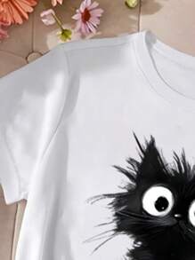 Casual Printed Knit Crew Neck T-Shirt For Tween Girls - White - View 3