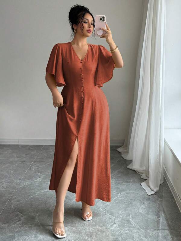 SHEIN Clasi Plus Size Women's Summer V-Neck Button Decorated A-Line Split Hem Flare Sleeve Maxi Dress, Elegant Bohemian Style For Commute, Casual, Vacation, Afternoon Tea