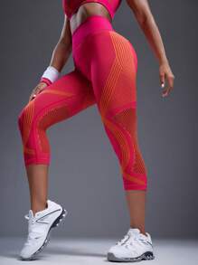 Powerista Women's High Waist Elastic Mesh Patchwork Sports Leggings Yoga Pants - Pink - View 4