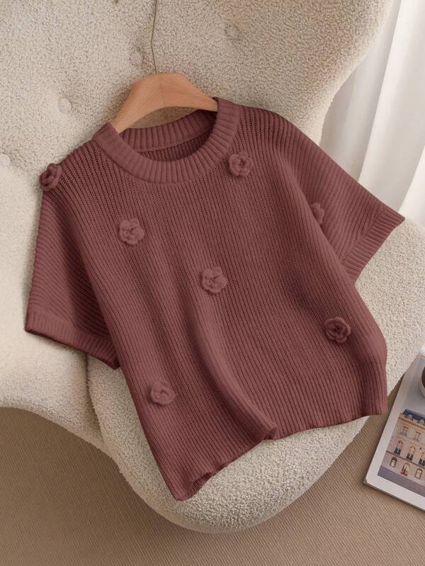 CosyJoli Plus Size Casual Elegant 3D Floral Round Neck Batwing Sleeve Loose Pullover Sweater