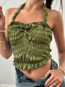 Jouncy Top de tirantes con cuello halter, plisado y con volantes en color liso para mujer, ideal para el verano - Verde - Ver 6