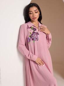 Al Najma 女式优雅亮片花朵图案宽松长袖连衣裙 - 粉色 - 查看 8
