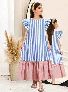 SHEIN Leap Crew Tween Girls 蓝白条纹可爱盖袖荷叶边下摆宽松秋千连衣裙，休闲假日风格，适合春夏季节，返校季 - 彩色 - 查看 1