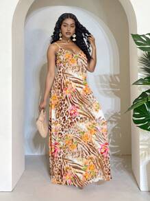 Slaydiva Vestido de talla grande con estampado floral y animal, estilo de vacaciones - Amarillo - Ver 3