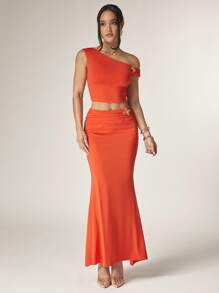 Silquee Women's Warm Orange Flower Metal Button Off-Shoulder Top + Metal Button Decorated Fishtail Skirt Two-Piece Suit, Summer, Women's Summer Clothes, Summer Outfits, Women's Beach Clothes, Women's Elegant Clothes, Women's Summer Clothes, Women's Beach Cover-Ups, Women's Elegant Dresses, Women's Cruise Clothes, Ibiza Clothes, Carnival Clothes/Carnival, Festivals Summer Festivals Beach Vacations, - Burnt Orange - View 3