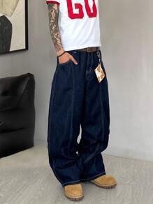 Manfinity Hypemode Pantalones vaqueros de pierna ancha azules con bolsillos y cremallera para hombres