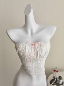 Elamini Áo crop top thêu trắng sang trọng, phong cách Châu Âu ngọt ngào và gợi cảm, ôm sát và thon gọn, điểm nhấn bằng nơ, bandeau - trắng - Xem 3