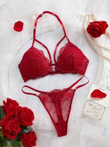 2 件套内衣套装女士性感前扣吊带蕾丝拼接胸罩 - 酒紅色 - 查看 6