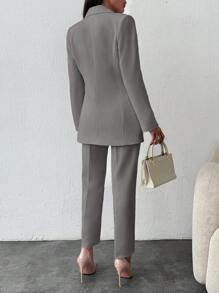 EURMUSE 女士纯色翻领双排扣夹克和裤子