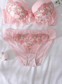 Dream Adore 2pcs Floral Embroidered Romantic Pastoral Sweet Ladies Lingerie Set, Kawaii Bountiful Floral Splendor  Cozy And Elegant Details
