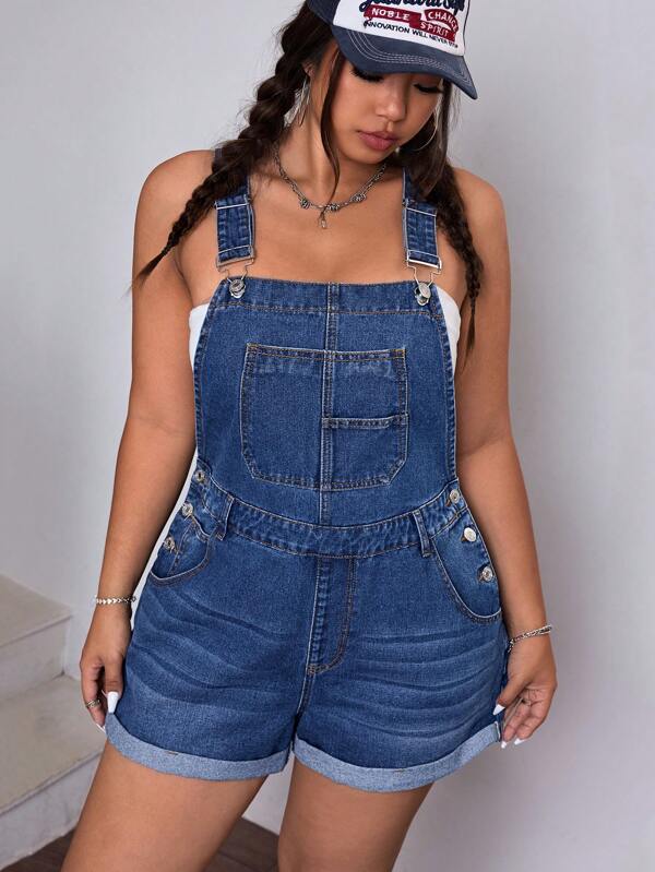 SHEIN ICON Fashionable & Versatile Washed Non-Stretch Denim Jumpsuit