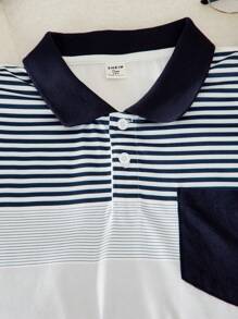 SHEIN Teenage Boys' Striped Print Polo Collar Button-Up Short Sleeve Tee - White - View 3