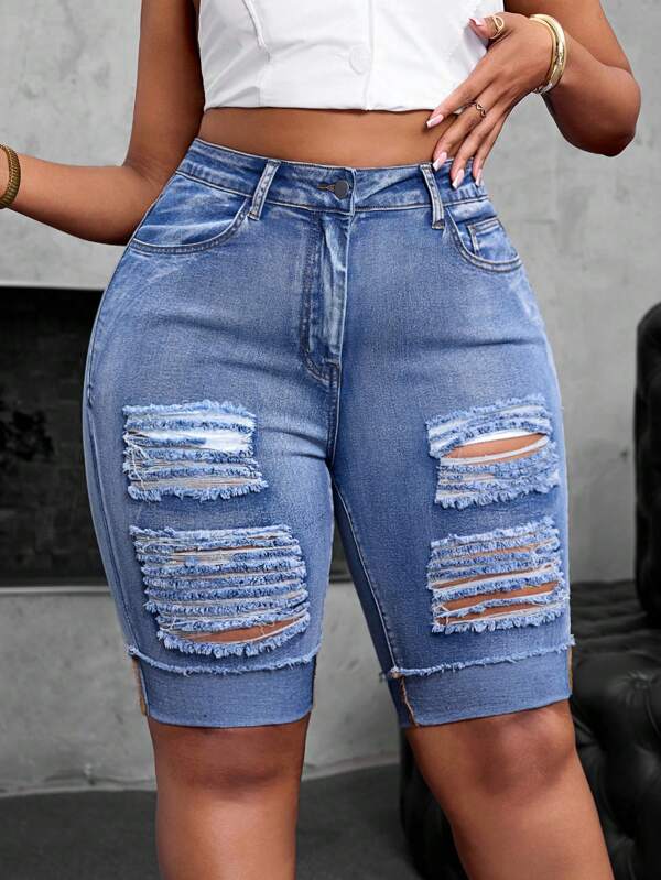SHEIN SXY Plus Size Women Distressed Fashion Sexy Cowgirl Short Jeans Shorts    Summer Outfits For Women Festival Outfits  Elegant Vacation Outfits Woman Women Summer Clothing Beach Outfits For Woman Vacation