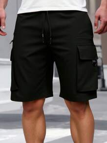 Manfinity Homme Men's Summer Casual Solid Color Drawstring Waist Cargo Shorts Black Cargo Shorts Men - Black - View 1