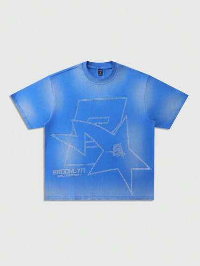 Street Life Men's Sporty Diamond Rhinestone Pattern Washed Boxy Fit T-Shirt