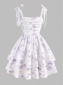 Girlism Rochie de seară elegantă și drăguță, cu talie în linie A, cu volane în straturi, cu imprimeu floral și imprimeu din plasă, potrivită pentru primăvară/vară, vacanță și sărbători
