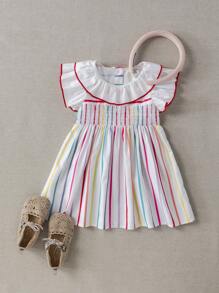 PrepCrw Toddler Girls College Style Ruffled Collar Colorful Striped Dress,Cute Blue White Striped Summer Vacation School Uniform Outfits For Teens - Multicolor - View 3