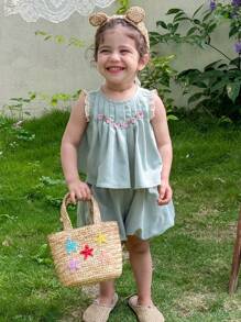 LMoss Kids LMoss   2pcs Baby Girl Lace Trim Sleeveless Top And Ruffle Shorts Set - Green - View 11