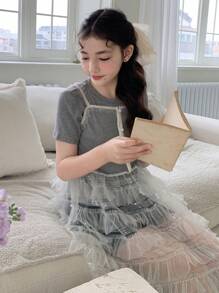 DAZY 2pcs/Set Tween Girls Solid Color Crew Neck Short Sleeve T-Shirt & Multi-Layer Tulle Ruffle Strap Dress, Summer Outfit,Back To School Clothes - Grey - View 5