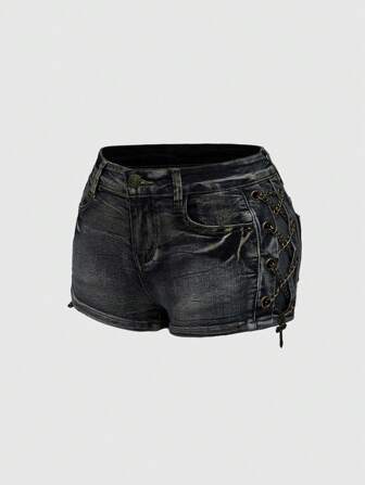 Grunge Punk Plus Size Distressed Vintage Washed Side Metal Cross Pendant Low Waist Mini Denim Shorts