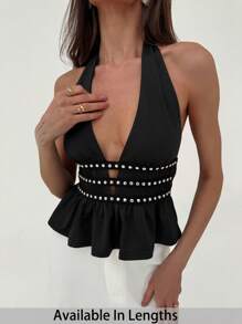SHEIN Tall CURVE Débardeur sans manches dos nu avec volant et rivets, coloris unicolore, taille grande - Noir - Voir 1