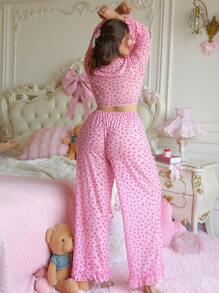 PetitDoll 2件套加大码性感心形印花网眼喇叭袖内衣套装 - 粉色 - 查看 2