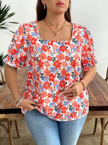 EMERY ROSE Women's Casual Bohemian Style Square Neck Short Sleeve Printed Blouse, Summer