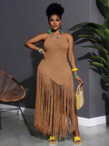 Slaydiva 大码修身纯绿色长款流苏装饰休闲针织单肩连衣裙，春夏冬秋秋季，流苏连衣裙 - 卡其色 - 查看 9