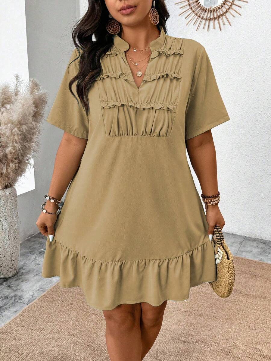 SHEIN Clasi Plus Size Women Solid Color V-Neck Ruffle Cut-Out Casual Dress - Khaki - View 1