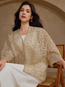 DAZY Women's Summer Elegant Lace Hollow V-Neck Blouse - Gold - View 3