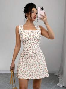 Chiquease Floral Print Lace Trim Square Neck Sleeveless Dress
