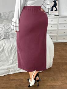 SHEIN Privé Falda midi de talle alto con línea A, talla grande - Rosa Fucsia - Ver 2