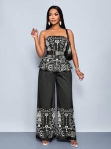 SOLERSUN Women's 2 Pieces Set Bohemian Style Apricot & Black Print Ruffle Hem Tube Top With Wide Leg Pants, Vacation Outfit - Black - View 7