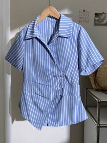 Comfortcana Women's Striped Print Asymmetric Hem Button Short Sleeve Shirt (BY0231-Z)