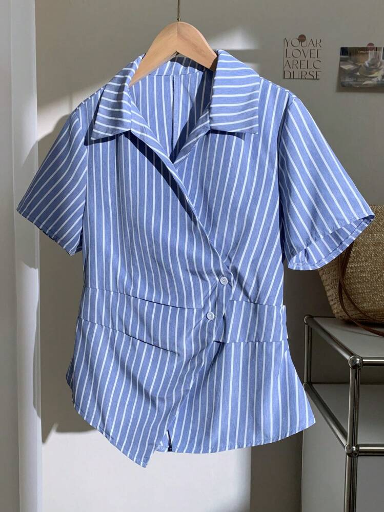 Comfortcana Women's Striped Print Asymmetric Hem Button Short Sleeve Shirt (BY0231-Z) - Blue - View 4