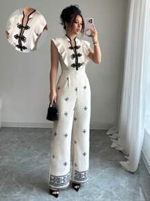 Elenzga Women's Elegant Chinese Style Button Ruffle Hem Printed Jumpsuit - Apricot - View 3