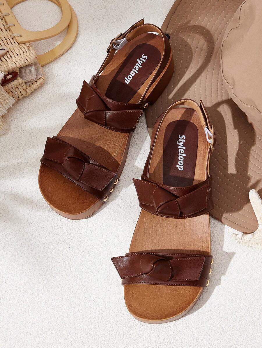 Styleloop Women's Round Toe Slip-On High Heel Sandals, Outdoor/Commute PU Thick Heel Brown Shoes - Rust Brown - View 1