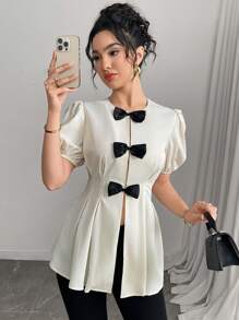 Modelyn Blusa de manga corta con cuello redondo, cintura ajustada con lazo, elegante, grácil y romántica