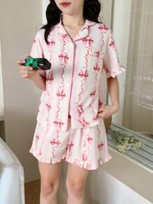 2pcs/Set Teen Girls Floral Print Contrast Color Ruffle Trim Comfortable Short Sleeve Top And Shorts Pajama Set, Spring/Summer - Pink - View 2