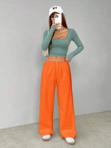 SHEIN PETITE 柔软白色针织家居裤，宽松裤 - 橘色 - 查看 3